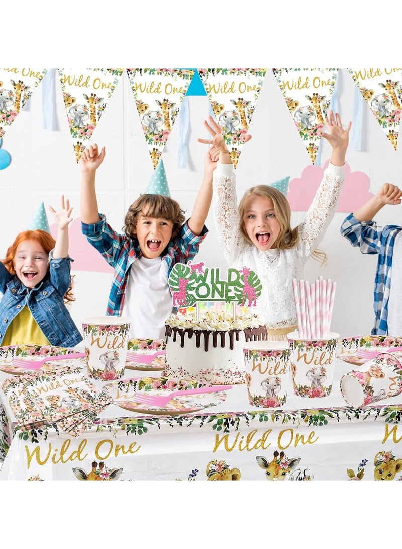 Jungle Animal Party Supplies 63 PCS Wild One Reusable Tableware Plates Paper Cups Napkins Tablecloth Straws Pennants Forks Set for Girls Kids Birthday Baby Shower Dinner Dessert