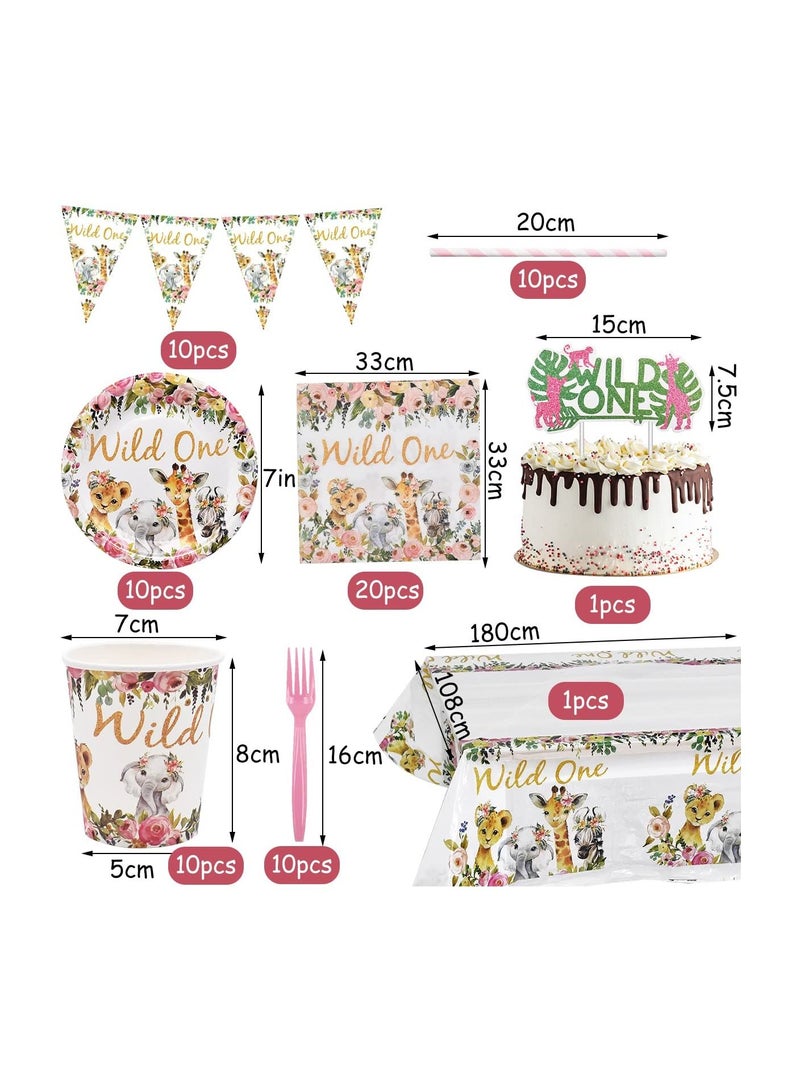 Jungle Animal Party Supplies 63 PCS Wild One Reusable Tableware Plates Paper Cups Napkins Tablecloth Straws Pennants Forks Set for Girls Kids Birthday Baby Shower Dinner Dessert