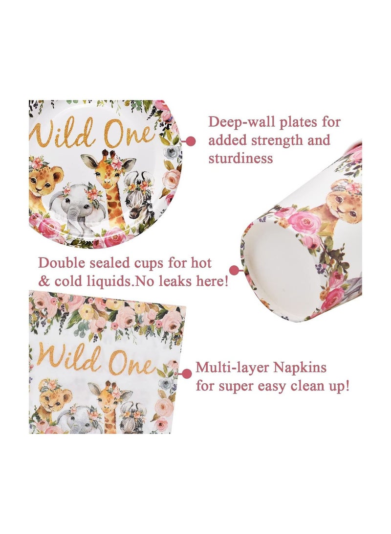Jungle Animal Party Supplies 63 PCS Wild One Reusable Tableware Plates Paper Cups Napkins Tablecloth Straws Pennants Forks Set for Girls Kids Birthday Baby Shower Dinner Dessert