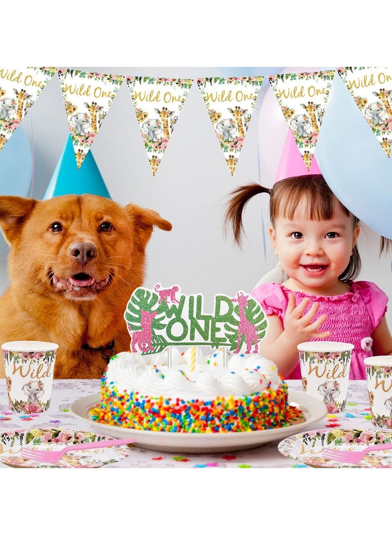 Jungle Animal Party Supplies 63 PCS Wild One Reusable Tableware Plates Paper Cups Napkins Tablecloth Straws Pennants Forks Set for Girls Kids Birthday Baby Shower Dinner Dessert