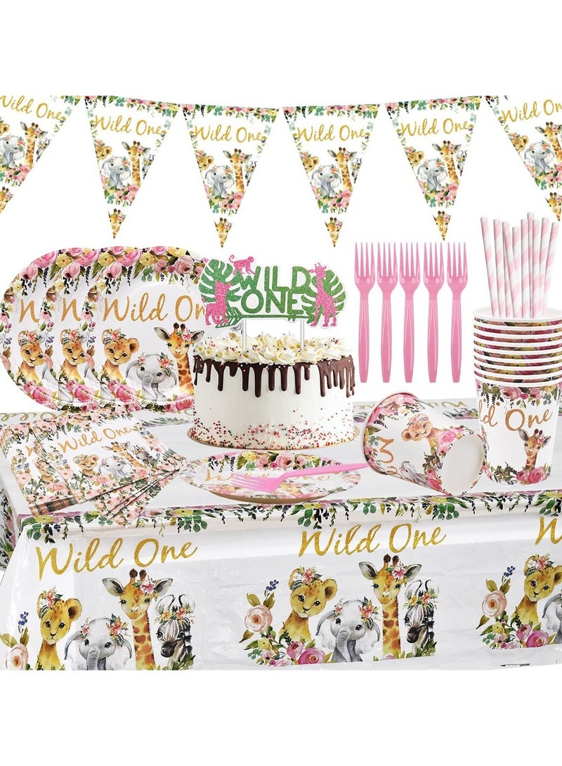 Jungle Animal Party Supplies 63 PCS Wild One Reusable Tableware Plates Paper Cups Napkins Tablecloth Straws Pennants Forks Set for Girls Kids Birthday Baby Shower Dinner Dessert