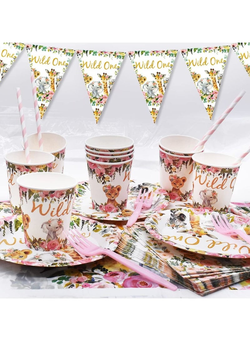 Jungle Animal Party Supplies 63 PCS Wild One Reusable Tableware Plates Paper Cups Napkins Tablecloth Straws Pennants Forks Set for Girls Kids Birthday Baby Shower Dinner Dessert