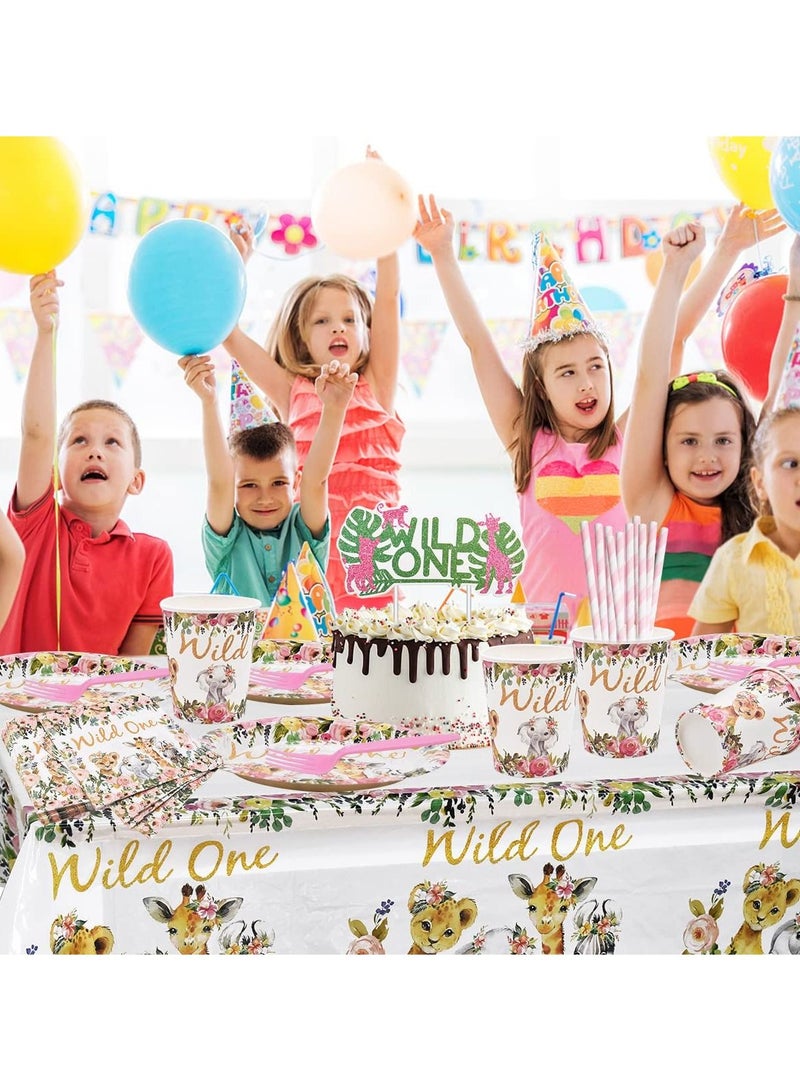 Jungle Animal Party Supplies 63 PCS Wild One Reusable Tableware Plates Paper Cups Napkins Tablecloth Straws Pennants Forks Set for Girls Kids Birthday Baby Shower Dinner Dessert