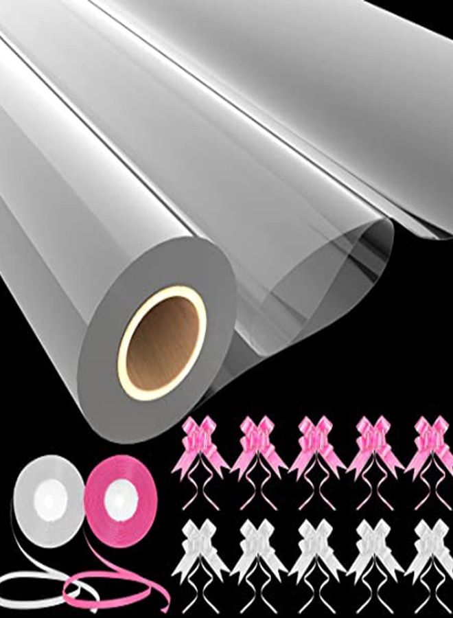 Clear Cellophane Wrap Roll for Gift Baskets with 10 Large Pull Bows and 2 Ribbons - Cello Flower Wrapping Paper used Cookie, Basket Wrap, Books, Bouquet, Fruit Crafts (17 in x 17 in)