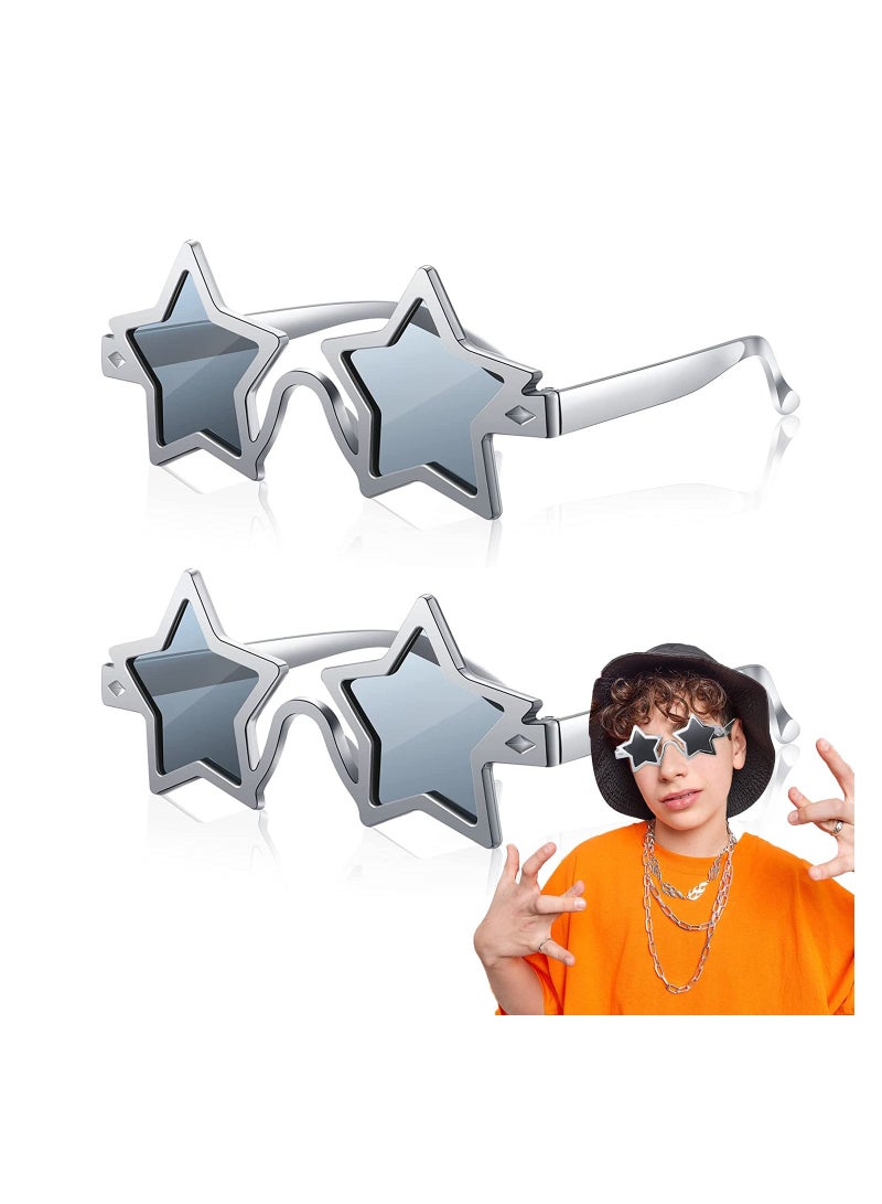 2 Pcs Party Glasses Star Sunglasses Shaped Fancy Dress Novelty Silver Vintage Frame Eyewear for Kids Adults Beach Photo Booth Props