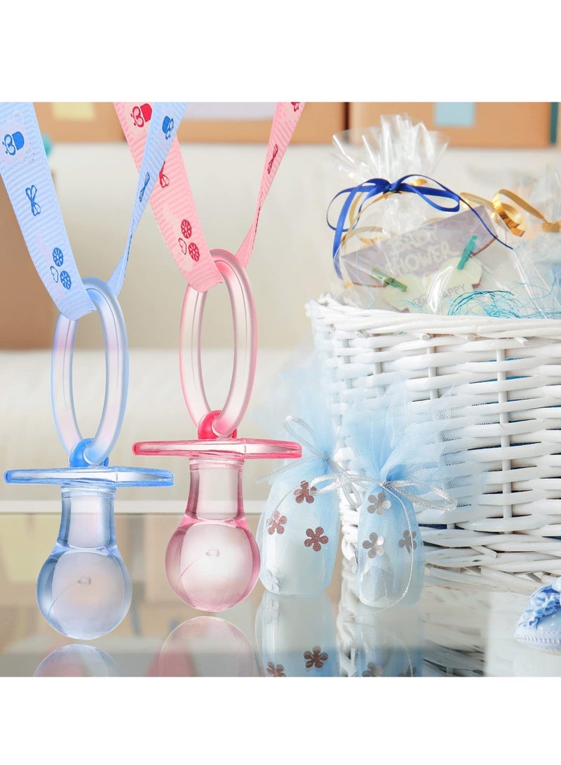 Baby Gender Reveal Supplies, 24 Pcs Pacifiers Necklace, Acrylic Pacifier Party Favors, Shower Cute Decorations Charms Table Scatter (Pink, Blue)