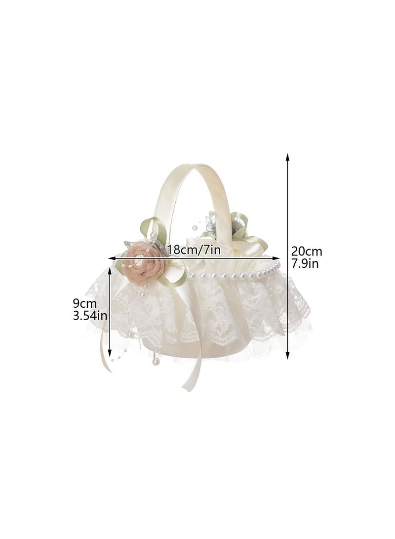 SYOSI Flower Girl Basket for Wedding, White Lace with Beading Satin Silk Rose and Pearl Wedding Ceremony Party Decoration