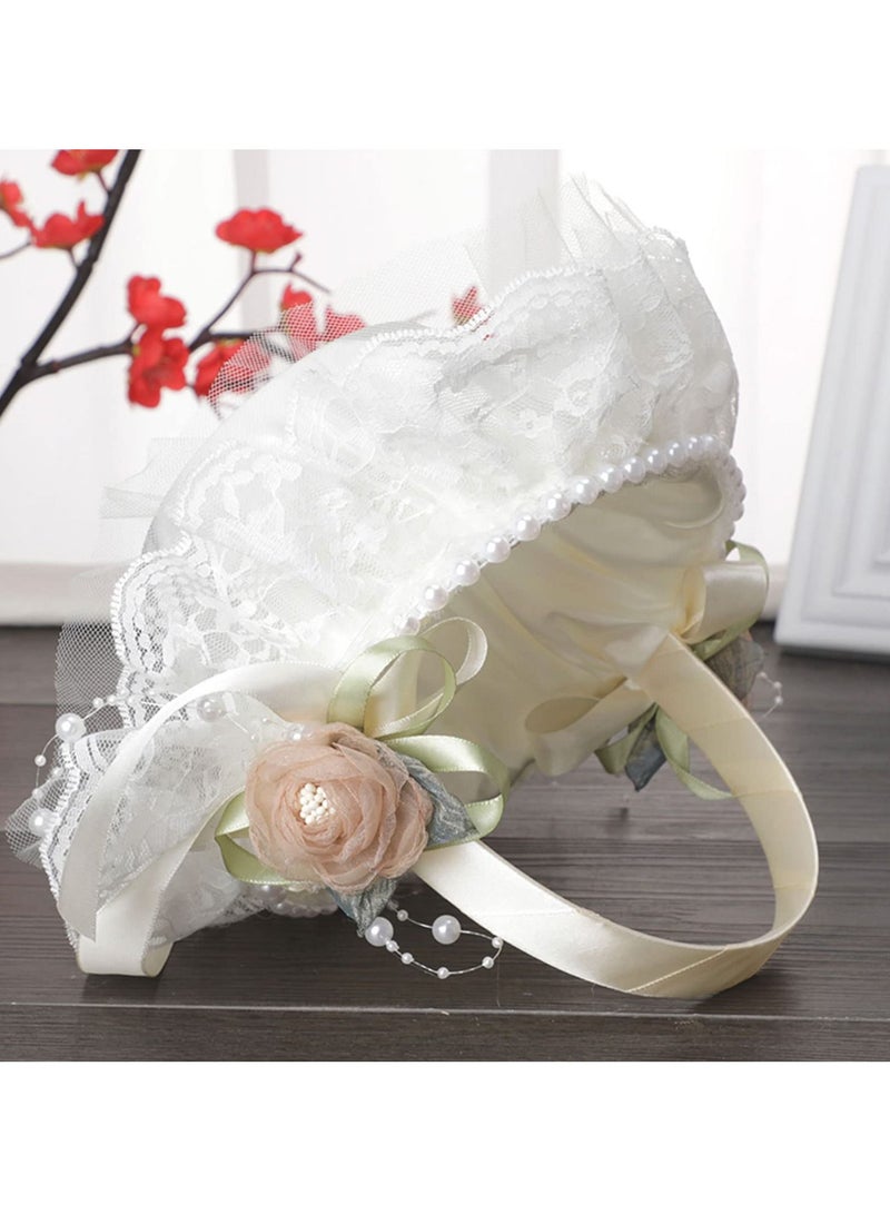 SYOSI Flower Girl Basket for Wedding, White Lace with Beading Satin Silk Rose and Pearl Wedding Ceremony Party Decoration