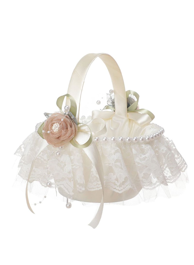 SYOSI Flower Girl Basket for Wedding, White Lace with Beading Satin Silk Rose and Pearl Wedding Ceremony Party Decoration
