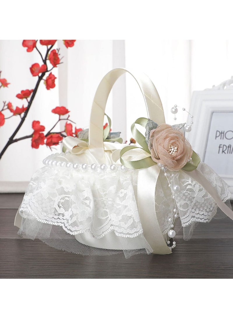 SYOSI Flower Girl Basket for Wedding, White Lace with Beading Satin Silk Rose and Pearl Wedding Ceremony Party Decoration