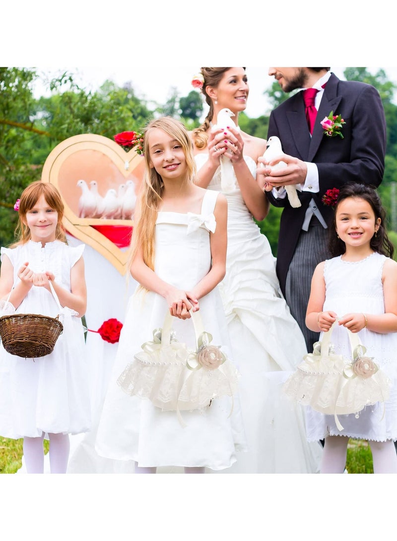 SYOSI Flower Girl Basket for Wedding, White Lace with Beading Satin Silk Rose and Pearl Wedding Ceremony Party Decoration