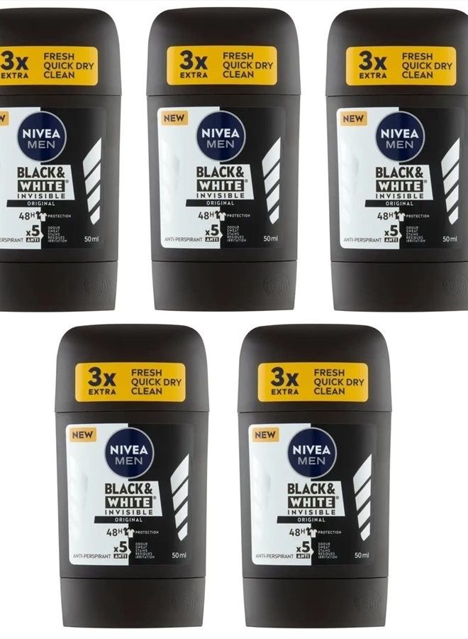 5x Nivea Invisible Black & White Anti-perspirant Deodorant Solid Stick for Men 5x50ml (Pack of 5)