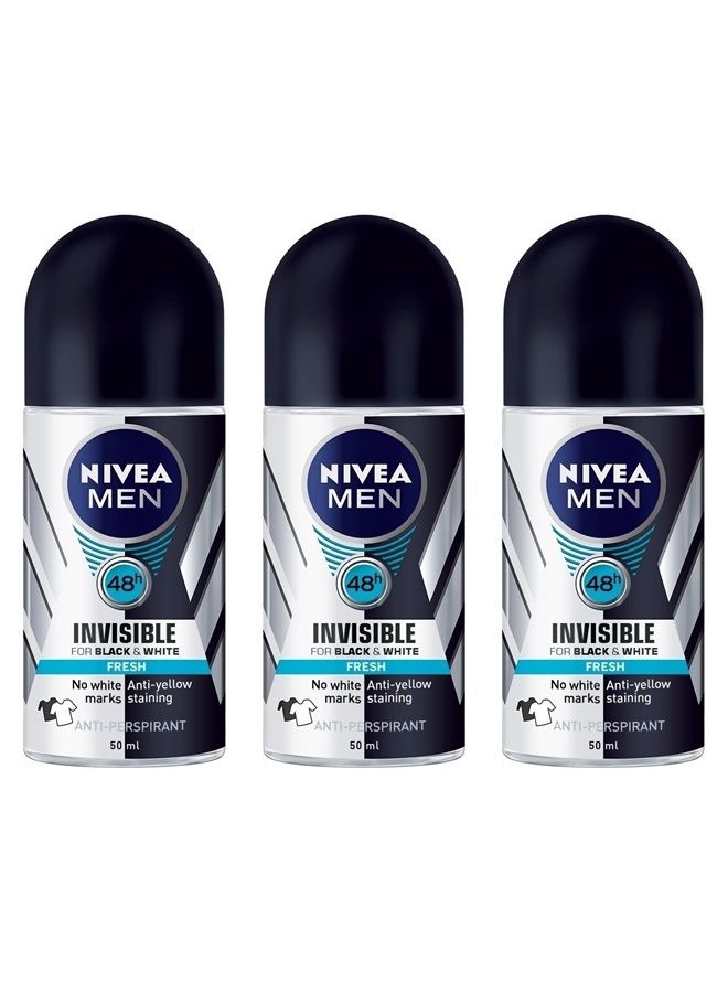 (Pack of 3 Bottles) Nivea INVISIBLE FOR BLACK & WHITE FRESH Scent Men's Roll On Anti-perspirant Deodorant (Pack of 3 Bottles, 1.7oz / 50ml Each Bottle)