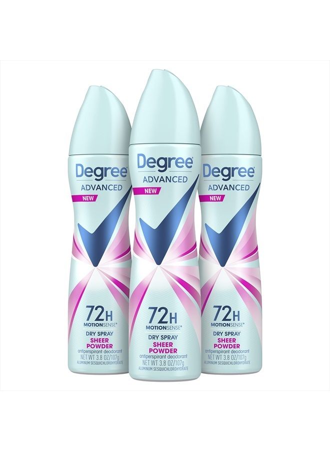 Degree Advanced Antiperspirant Deodorant Dry Spray 72-Hour Sweat and Odor Protection Sheer Powder Deodorant Spray For Women With MotionSense Technology 3.8 oz, Pack of 3