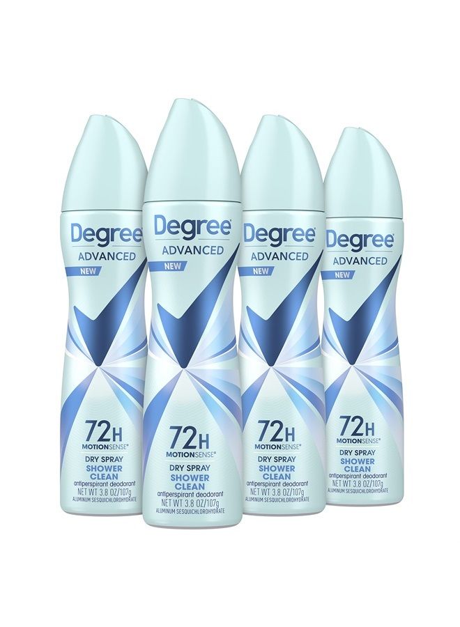 Degree Advanced Antiperspirant Deodorant Dry Spray 72-Hour Sweat and Odor Protection Shower Clean Deodorant Spray For Women With MotionSense Technology 3.8 oz, Pack of 4