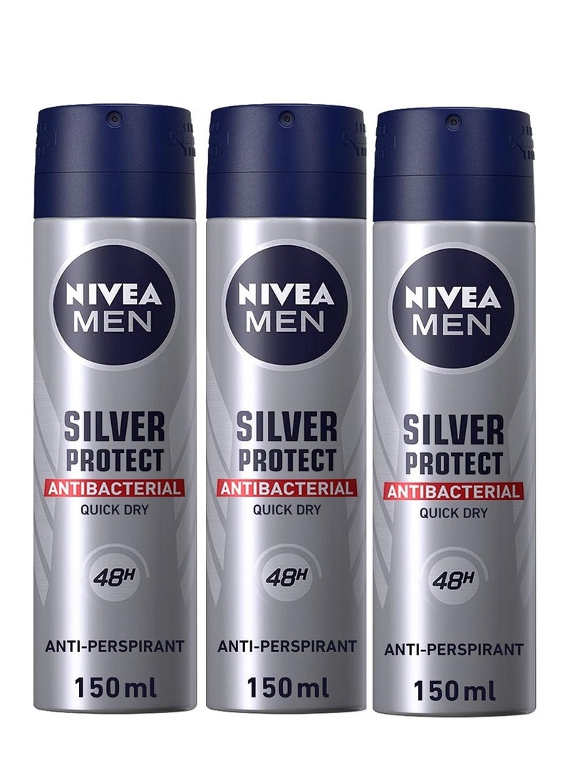 Silver Protect Antiperspirant For Men Antibacterial Protection Spray Pack Of 3 150ml x 3