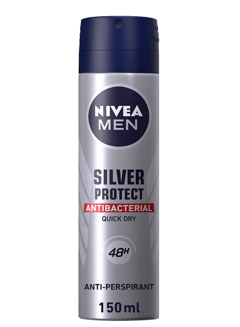 Silver Protect Antiperspirant For Men Antibacterial Protection Spray Pack Of 3 150ml x 3