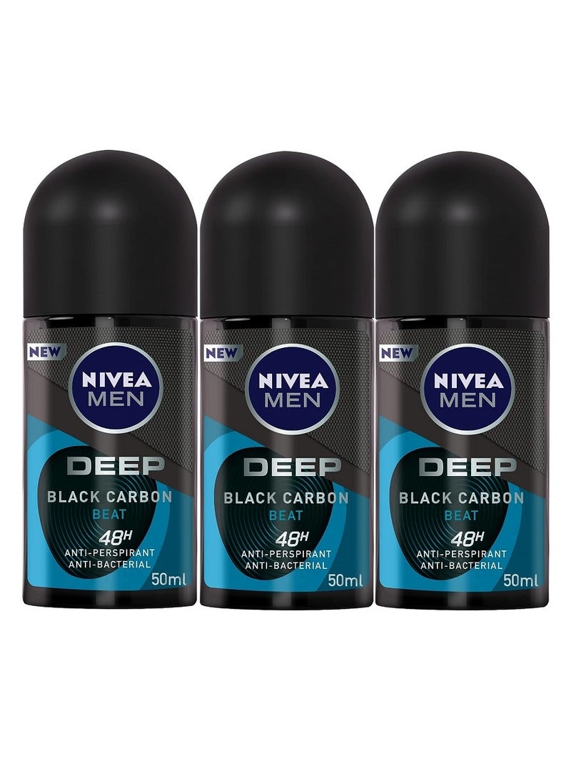 Nivea Men Antiperspirant Roll on for Men Deep Beat Black Carbon Antibacterial Wood Fresh Scent 50ml Pack Of 3