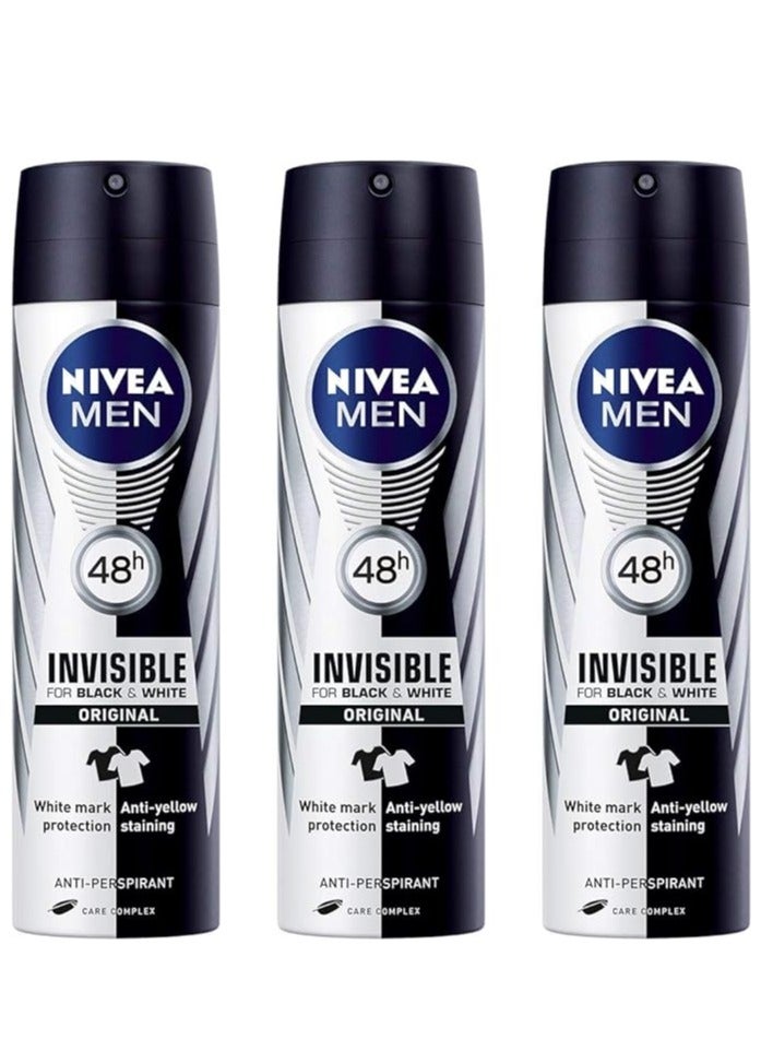 Men Black And White Invisible Original Antiperspirant for Men Spray Pack Of 3 150ml x 3