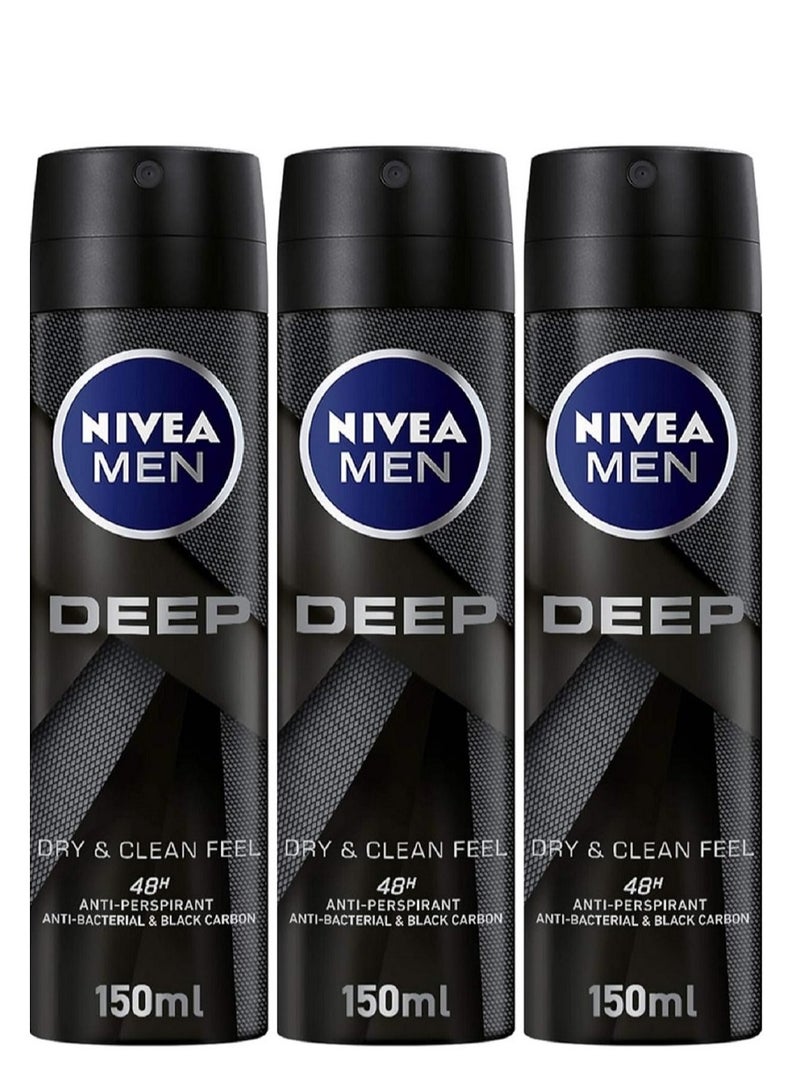 Men Deep Antiperspirant Spray Pack Of 3 150ml x 3