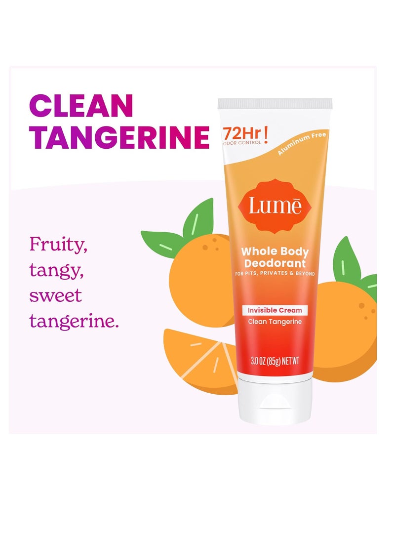 Lume Whole Body Deodorant - Invisible Cream Tube - 72 Hour Odor Control - Aluminum Free, Baking Soda Free, Skin Safe - 3.0 ounce (Clean Tangerine)