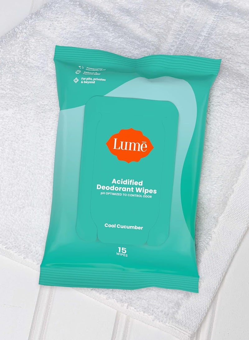 Lume Acidified Deodorant Wipes - 24 Hour Odor Control - Aluminum Free, Baking Soda Free, Skin Loving - Flushable - 15 Count (Pack of 3) (Cool Cucumber)