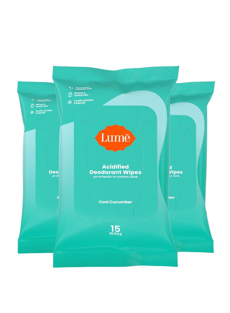 Lume Acidified Deodorant Wipes - 24 Hour Odor Control - Aluminum Free, Baking Soda Free, Skin Loving - Flushable - 15 Count (Pack of 3) (Cool Cucumber)