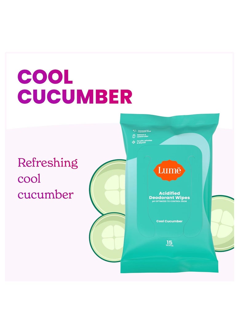 Lume Acidified Deodorant Wipes - 24 Hour Odor Control - Aluminum Free, Baking Soda Free, Skin Loving - Flushable - 15 Count (Pack of 3) (Cool Cucumber)