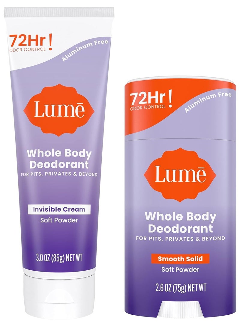 Lume Whole Body Deodorant - Invisible Cream - 72 Hour Odor Control - Aluminum Free, Baking Soda Free, Skin Safe - 3.0 Ounce Tube and 2.6 Ounce Solid Stick Bundle (Soft Powder)