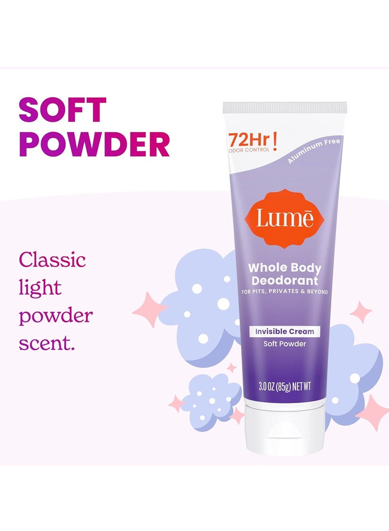 Lume Whole Body Deodorant - Invisible Cream - 72 Hour Odor Control - Aluminum Free, Baking Soda Free, Skin Safe - 3.0 Ounce Tube and 2.6 Ounce Solid Stick Bundle (Soft Powder)