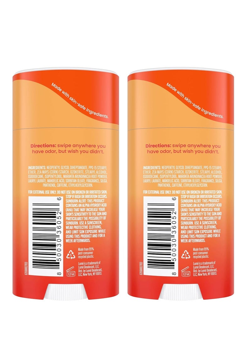 Lume whole body deodorant smooth solid stick  72 hour odor control aluminum free baking soda free and skin safe  2.6 ounce pack of 2 clean tangerine)