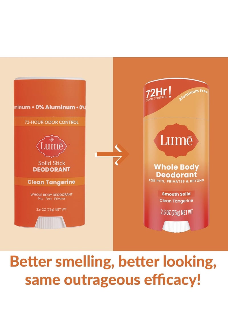 Lume whole body deodorant smooth solid stick  72 hour odor control aluminum free baking soda free and skin safe  2.6 ounce pack of 2 clean tangerine)