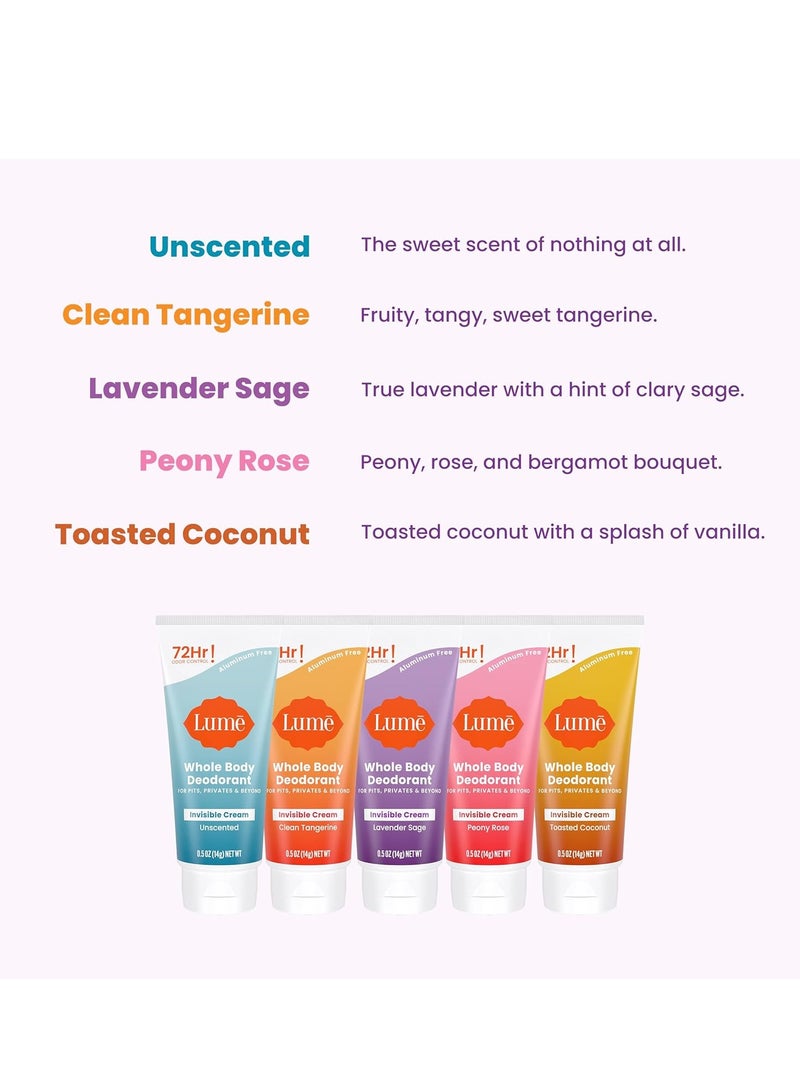 Lume Whole Body Deodorant 5 Pack Sampler - Invisible Cream Minis - 72 Hour Odor Control - Aluminum & Baking Soda Free (Clean Tangerine, Lavender Sage, Peony Rose, Toasted Coconut, Unscented)