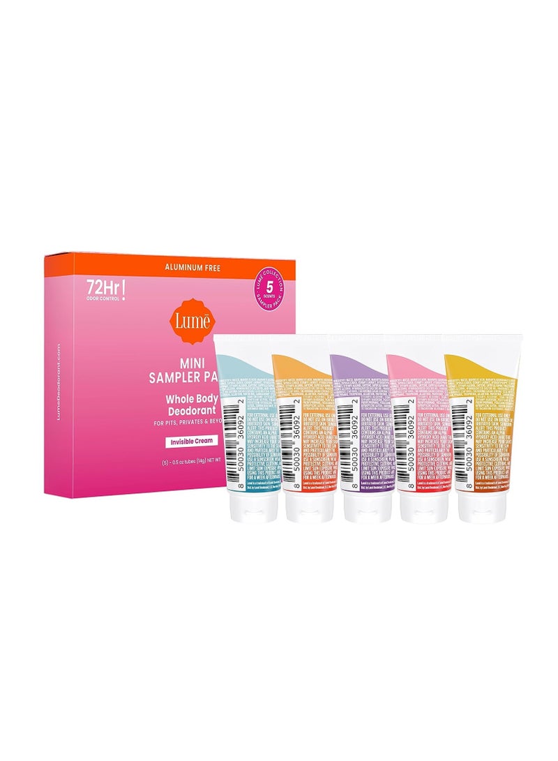 Lume Whole Body Deodorant 5 Pack Sampler - Invisible Cream Minis - 72 Hour Odor Control - Aluminum & Baking Soda Free (Clean Tangerine, Lavender Sage, Peony Rose, Toasted Coconut, Unscented)