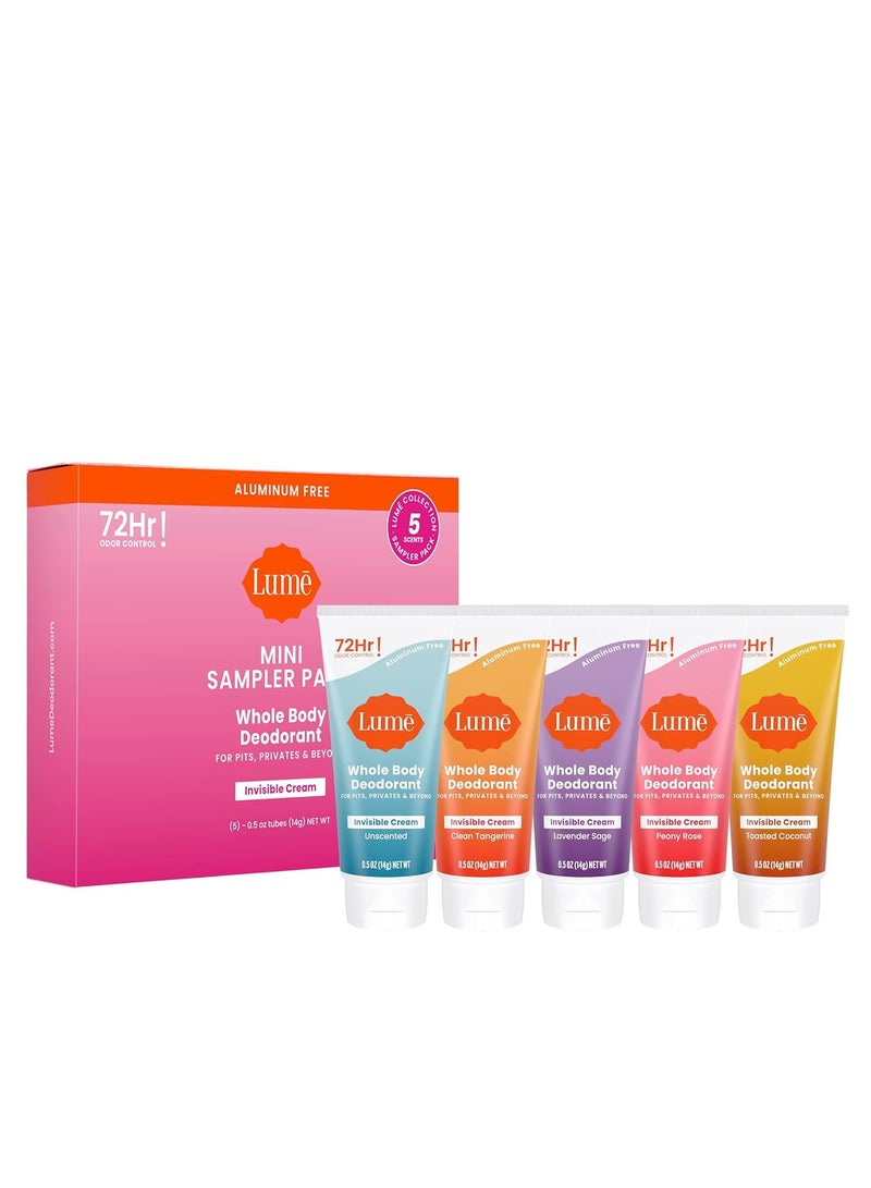 Lume Whole Body Deodorant 5 Pack Sampler - Invisible Cream Minis - 72 Hour Odor Control - Aluminum & Baking Soda Free (Clean Tangerine, Lavender Sage, Peony Rose, Toasted Coconut, Unscented)