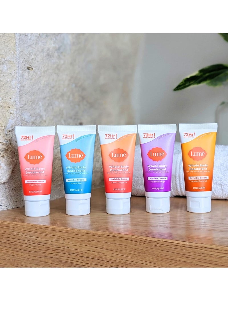 Lume Whole Body Deodorant 5 Pack Sampler - Invisible Cream Minis - 72 Hour Odor Control - Aluminum & Baking Soda Free (Clean Tangerine, Lavender Sage, Peony Rose, Toasted Coconut, Unscented)