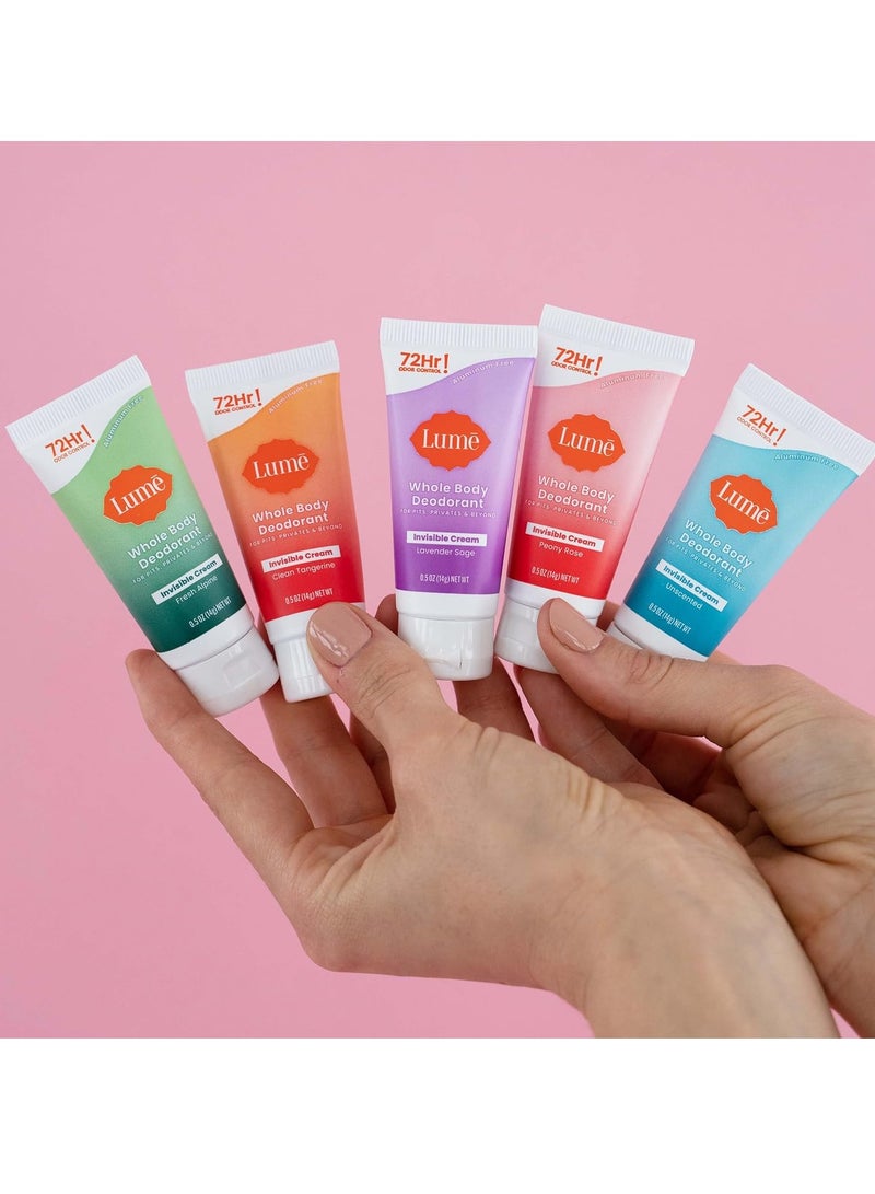 Lume Whole Body Deodorant 5 Pack Sampler - Invisible Cream Minis - 72 Hour Odor Control - Aluminum & Baking Soda Free (Clean Tangerine, Lavender Sage, Peony Rose, Toasted Coconut, Unscented)