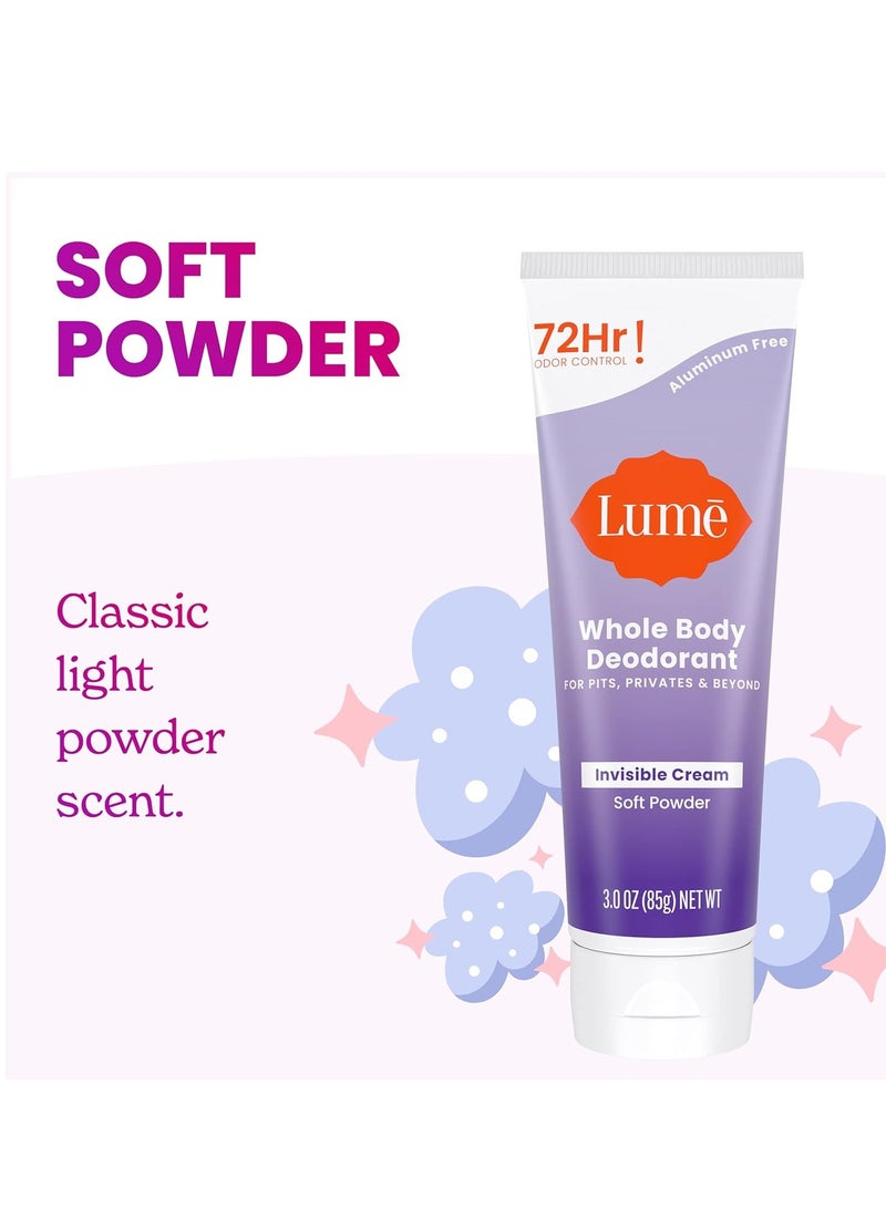 Lume whole body deodorant invisible cream tube 72 hour odor control aluminum free baking soda free skin safe 3.0 ounce pack of 2 soft powder