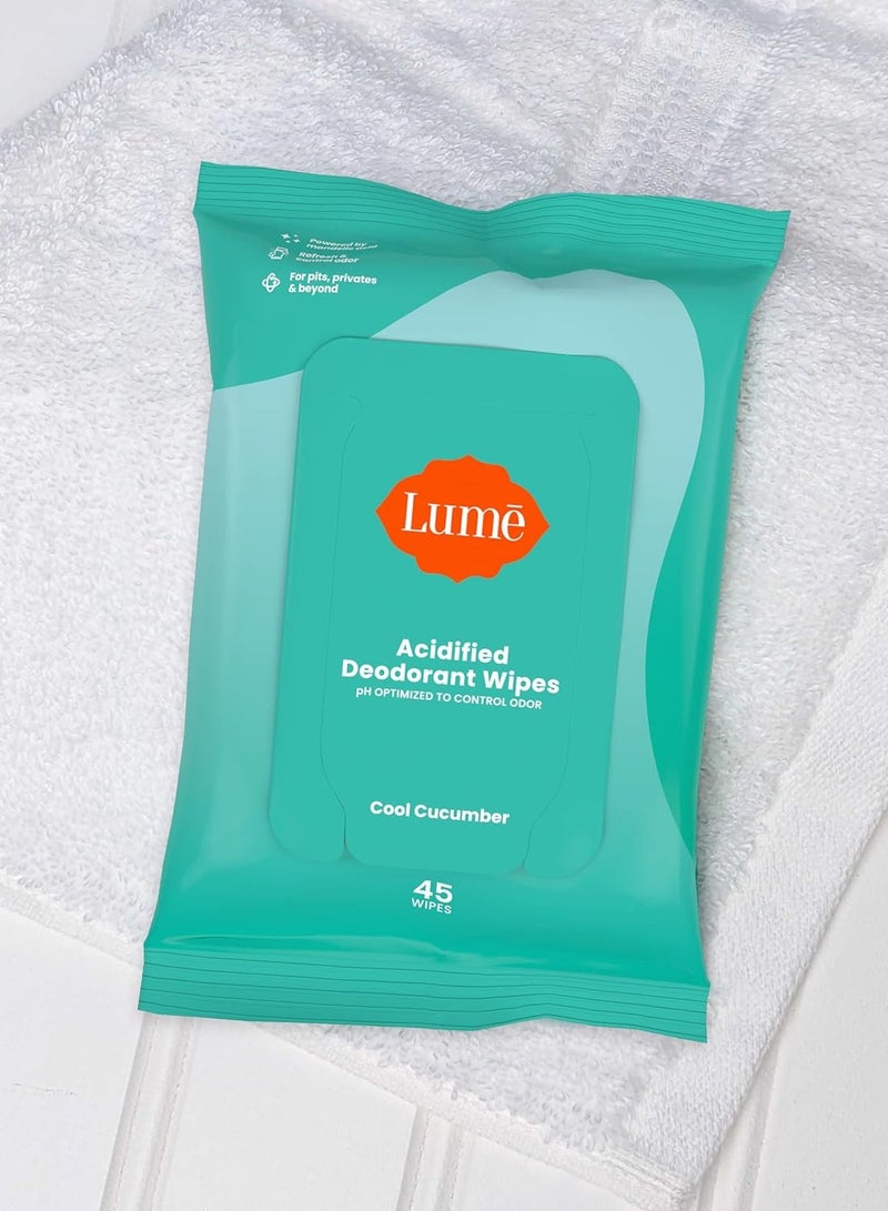 Lume acidified deodorant wipes 24 hour odor control aluminum free baking soda free skin safe 45 Count pack of 2 cool cucumber