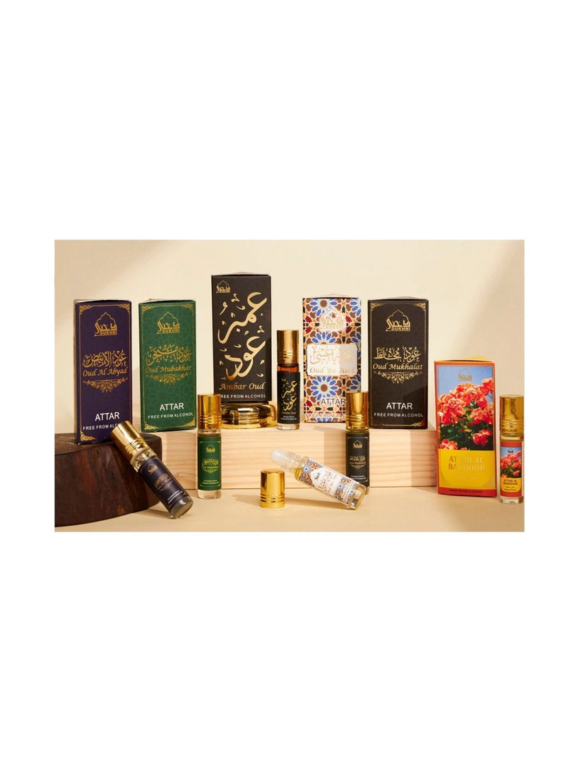 Dukhni Ma’amoul  Attar Oil Set | Authentic Arabic Fragrance Oils| Long- lasting Halal Scents for Ramadan & Eid Gifts | Oud Mukhalat, Oud Mubakhar, Oud Abyad, Oud Ya Aini, Attar Al Bakhoor, Ambar Oud