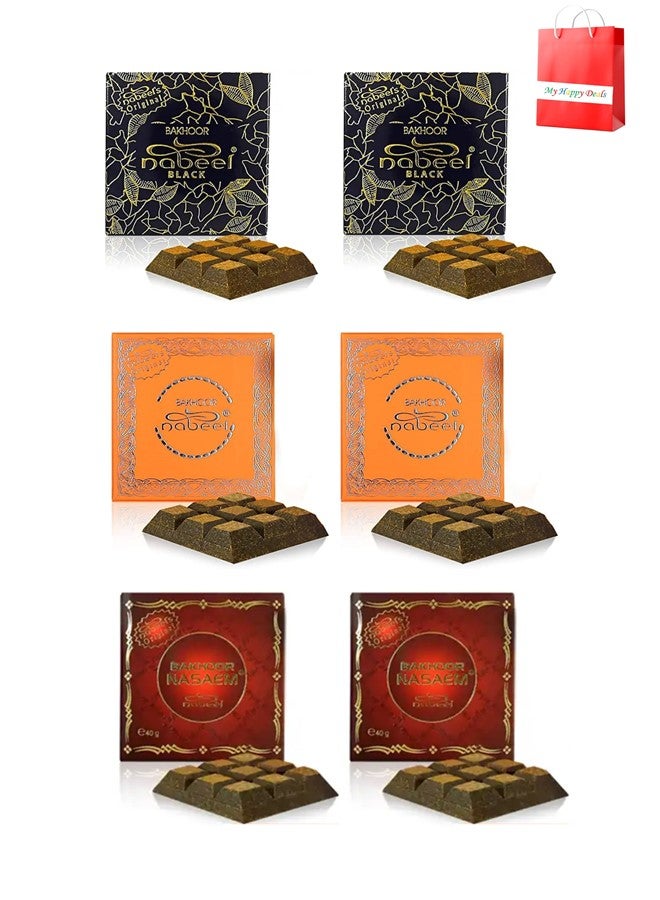 Pack of 6 Nabeel Ultimate Incense Bakhoor Collection Nasaem, Black and Touch Me