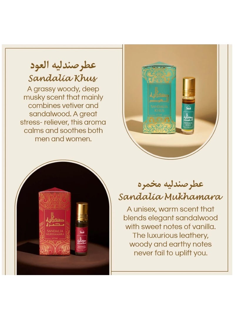 Attar Oil Set Authentic Arabic Fragrance Oils Sandalia, Sandal Mukhamara, Sandal Rose, Sandal Ambari, Sandal Khus, Sandal Jasmine 6ml each