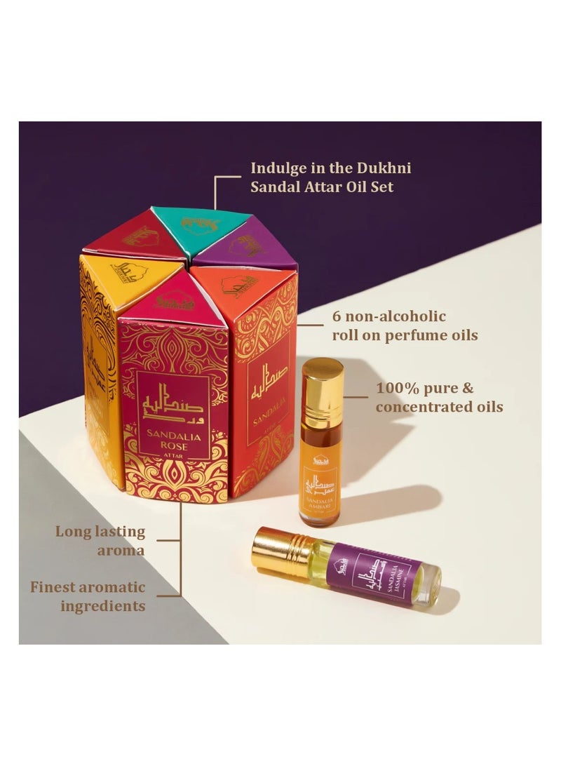 Attar Oil Set Authentic Arabic Fragrance Oils Sandalia, Sandal Mukhamara, Sandal Rose, Sandal Ambari, Sandal Khus, Sandal Jasmine 6ml each