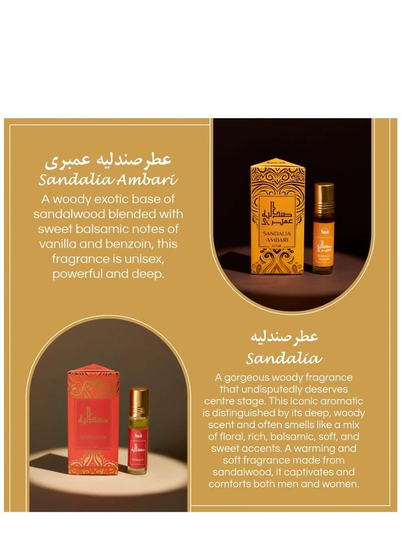 Attar Oil Set Authentic Arabic Fragrance Oils Sandalia, Sandal Mukhamara, Sandal Rose, Sandal Ambari, Sandal Khus, Sandal Jasmine 6ml each