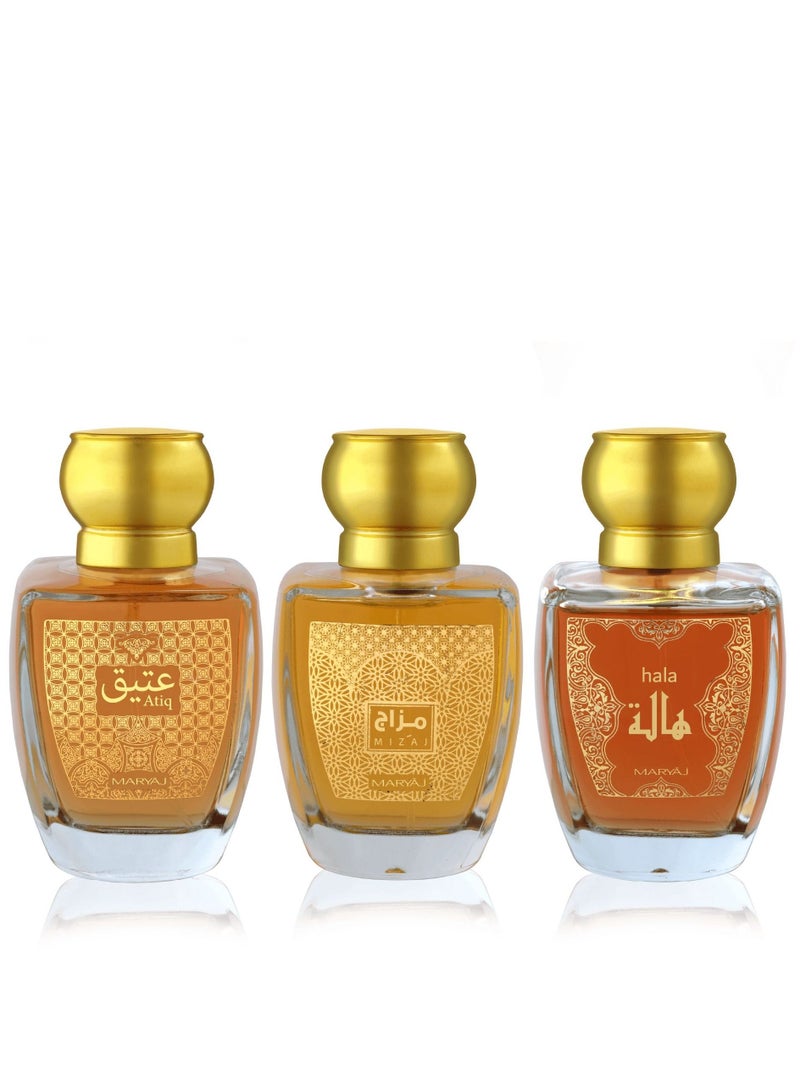 MARYAJ AMBER Arabic Perfumes Oudy Collection Gift Set of 3 EDP - ATIQ, HALA & MIZA