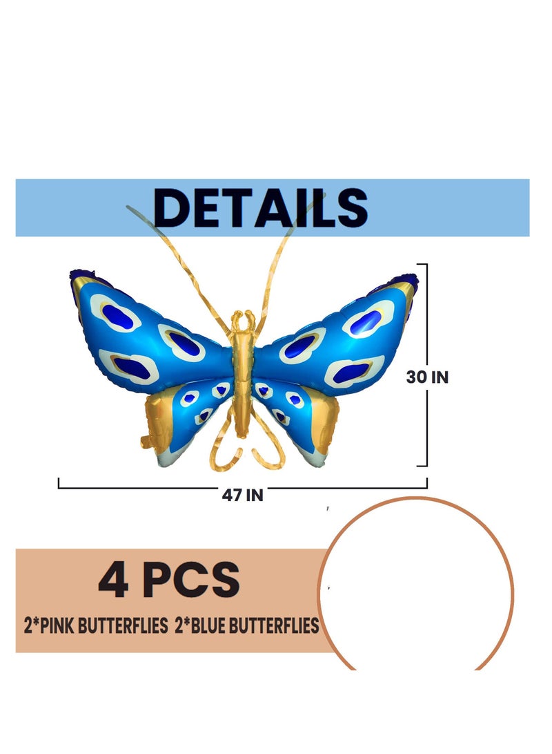 Butterfly Balloons Fairy Wings Balloon for Girls Birthday Party Decorations Huge 50 Inches Kids Baby Shower Spring Theme Garden Decor Supplies Pink and Blue 4Pcs
