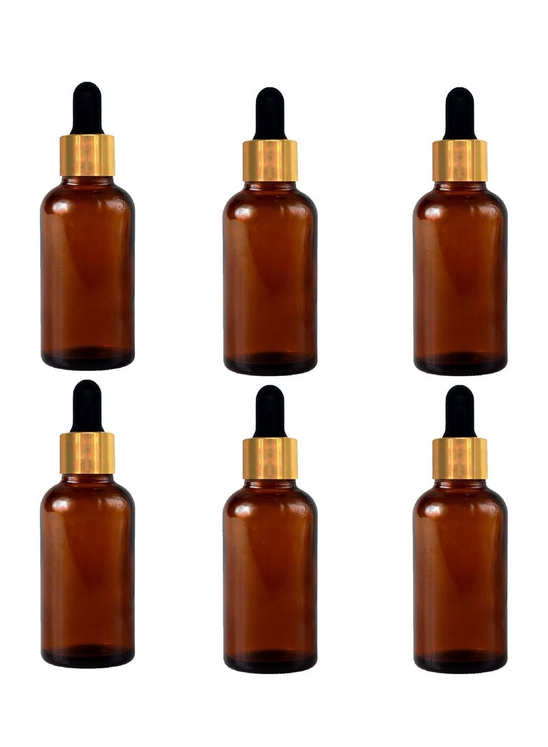 Amber Color Round Glass Bottle 50 ml Set of 6 with Dropper and Cap for Essential Oils Blends DIY skin care Cosmetics Multipurpose Bottle