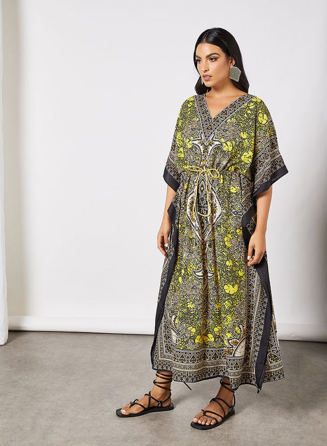 Drawstring Waist Printed Kaftan Dress Multicolour