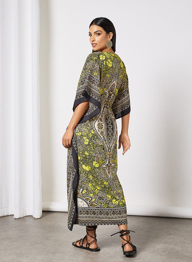 Drawstring Waist Printed Kaftan Dress Multicolour