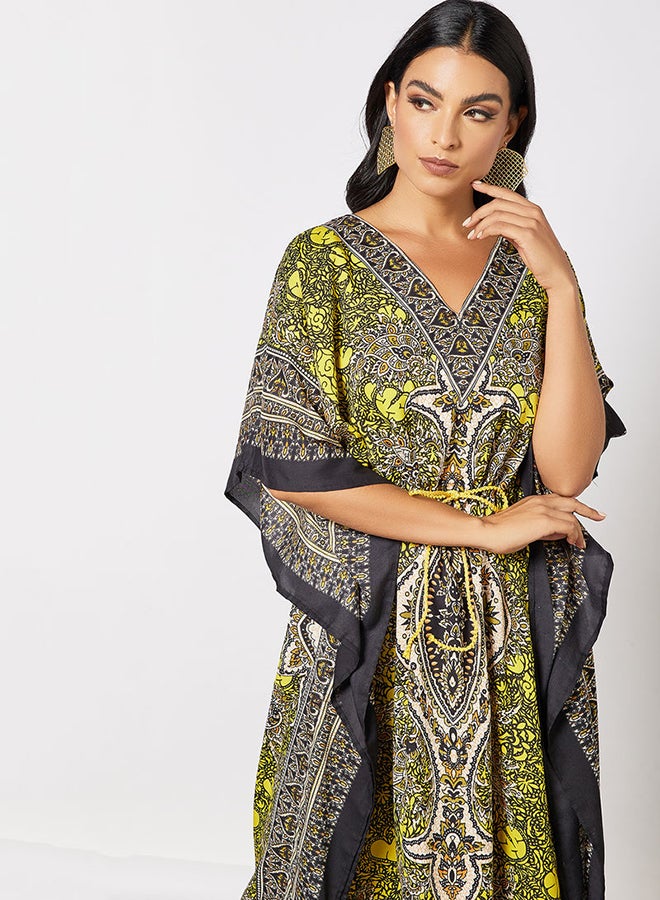 Drawstring Waist Printed Kaftan Dress Multicolour